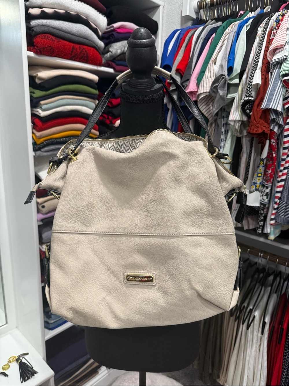 Steve Madden  Cream Pebbled Hobo Shoulder Bag with Black Handles